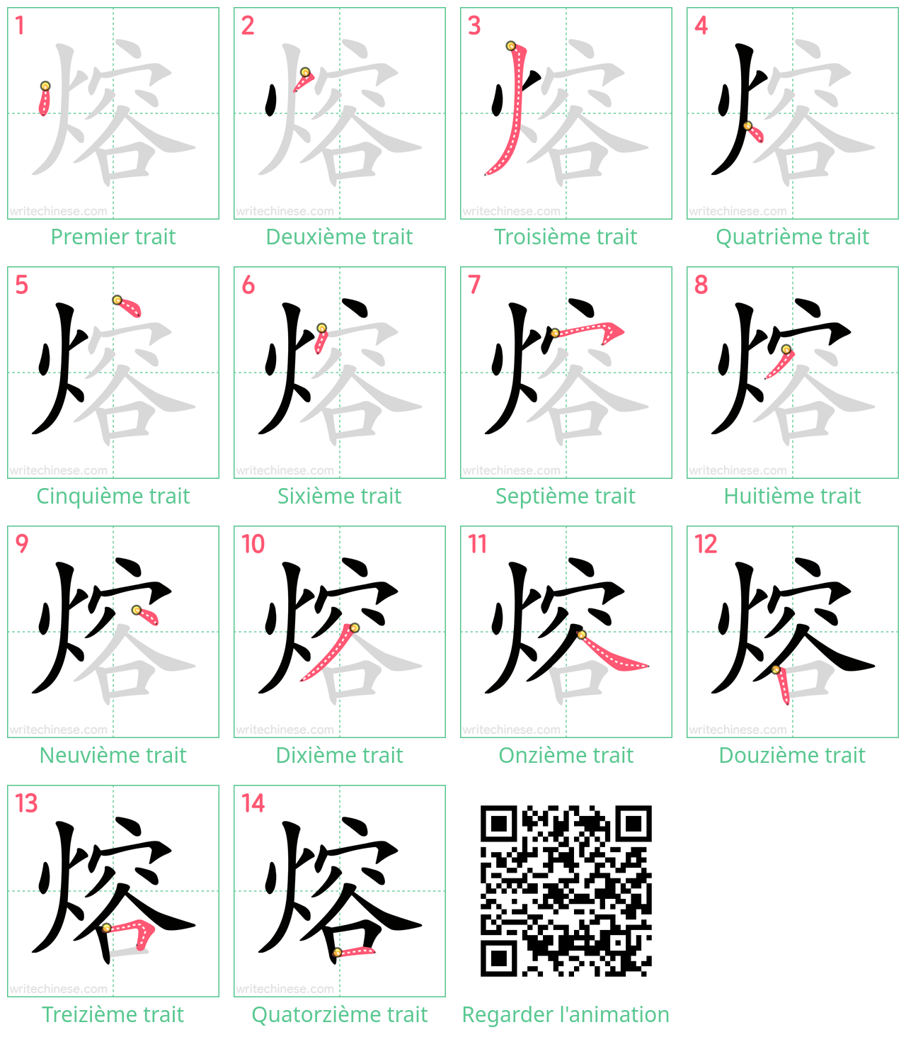 Diagrammes d'ordre des traits étape par étape pour le caractère 熔