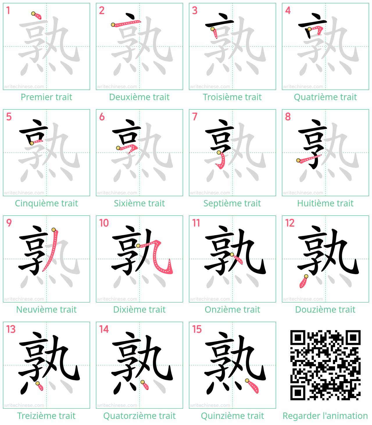 Diagrammes d'ordre des traits étape par étape pour le caractère 熟