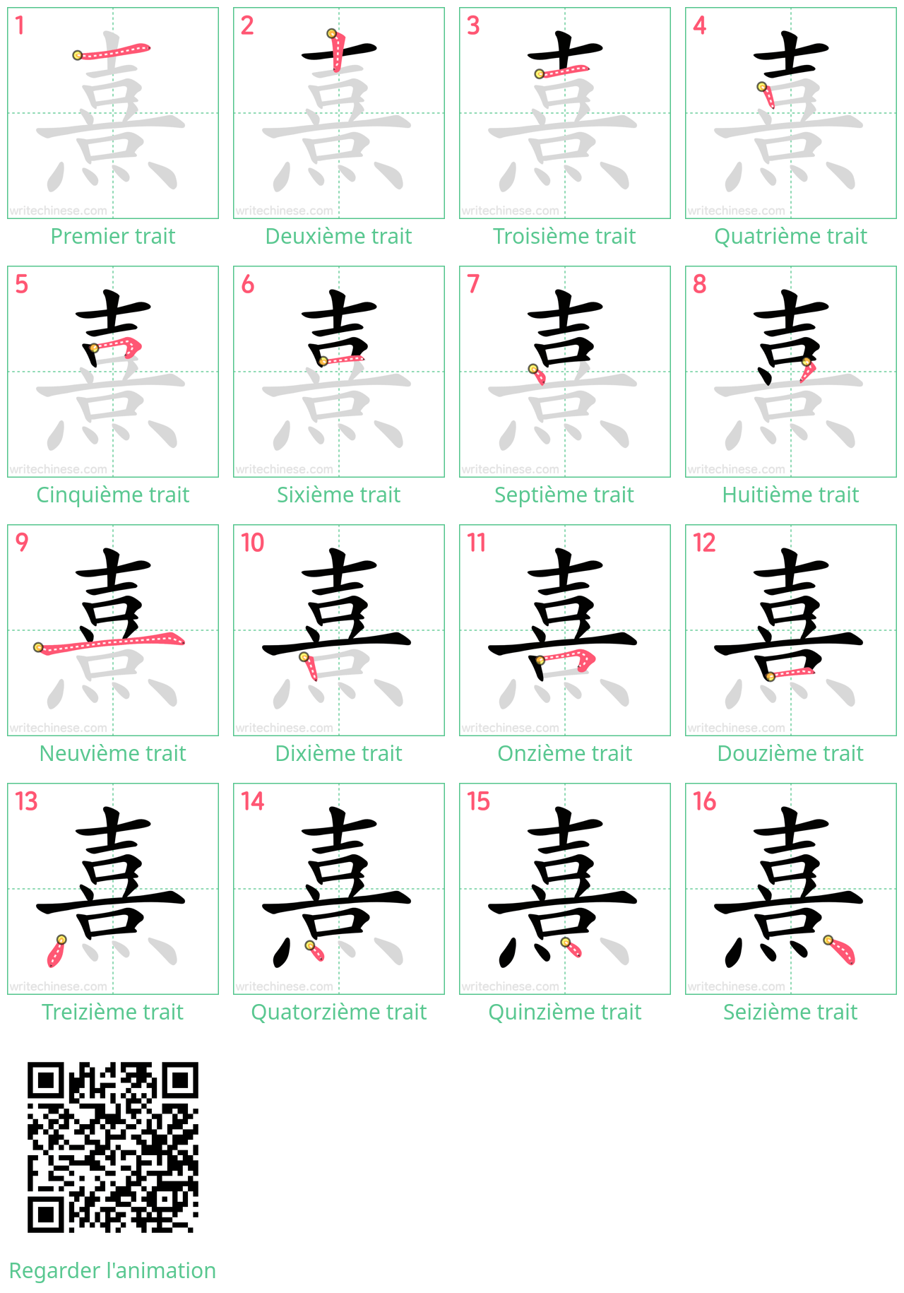 Diagrammes d'ordre des traits étape par étape pour le caractère 熹