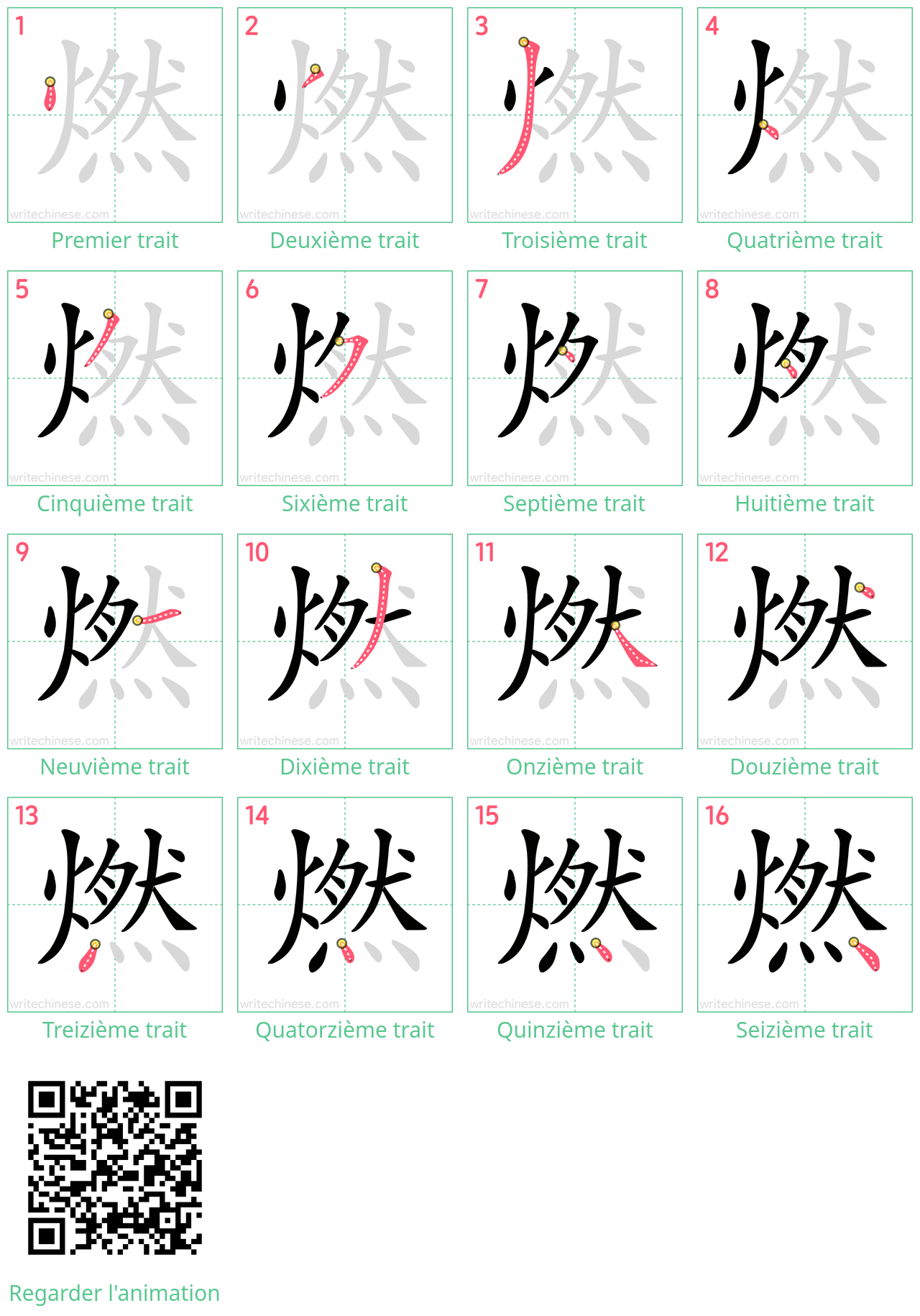 Diagrammes d'ordre des traits étape par étape pour le caractère 燃