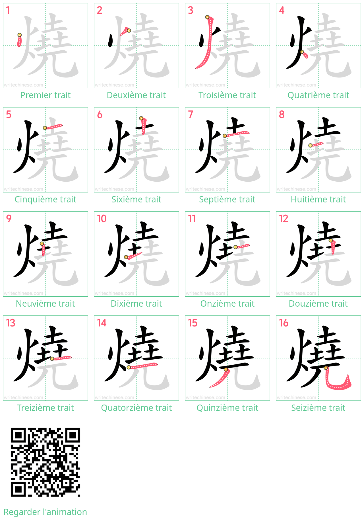 Diagrammes d'ordre des traits étape par étape pour le caractère 燒