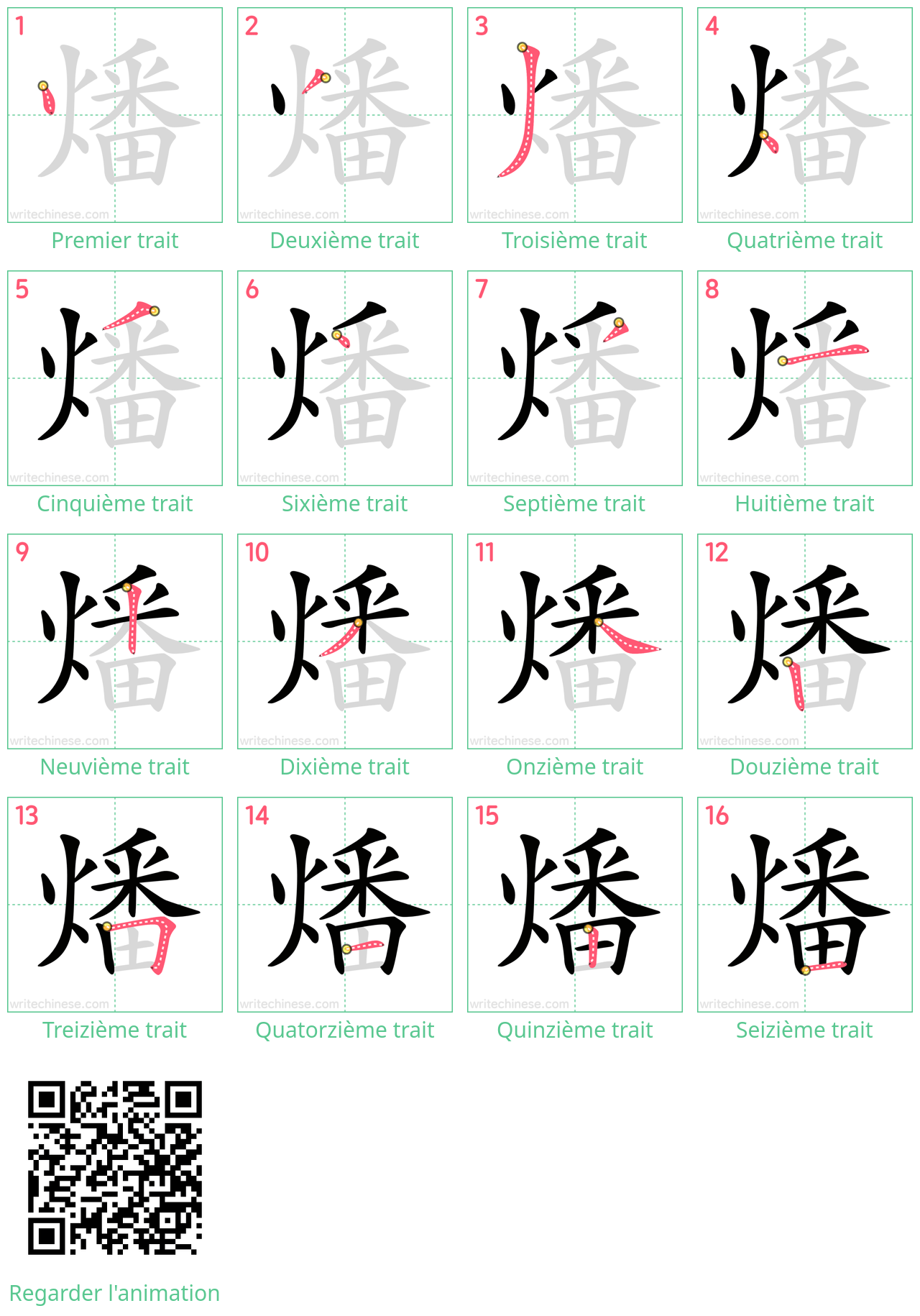 Diagrammes d'ordre des traits étape par étape pour le caractère 燔