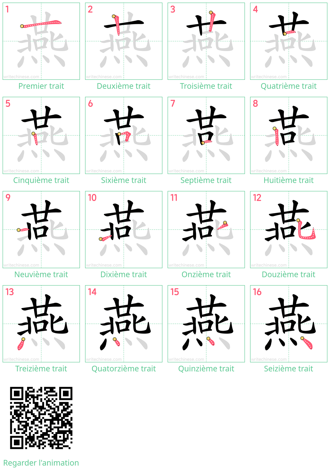 Diagrammes d'ordre des traits étape par étape pour le caractère 燕