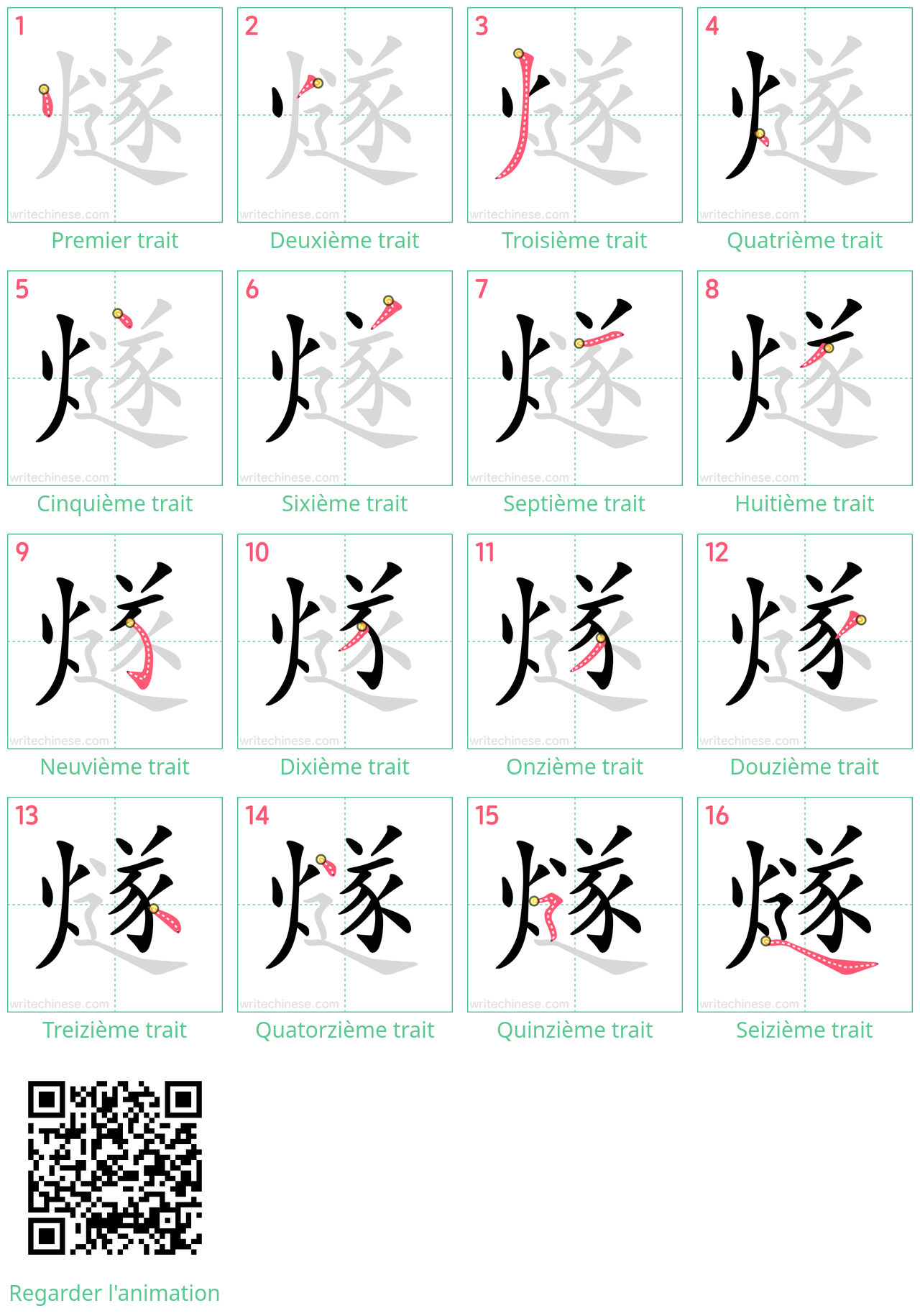 Diagrammes d'ordre des traits étape par étape pour le caractère 燧