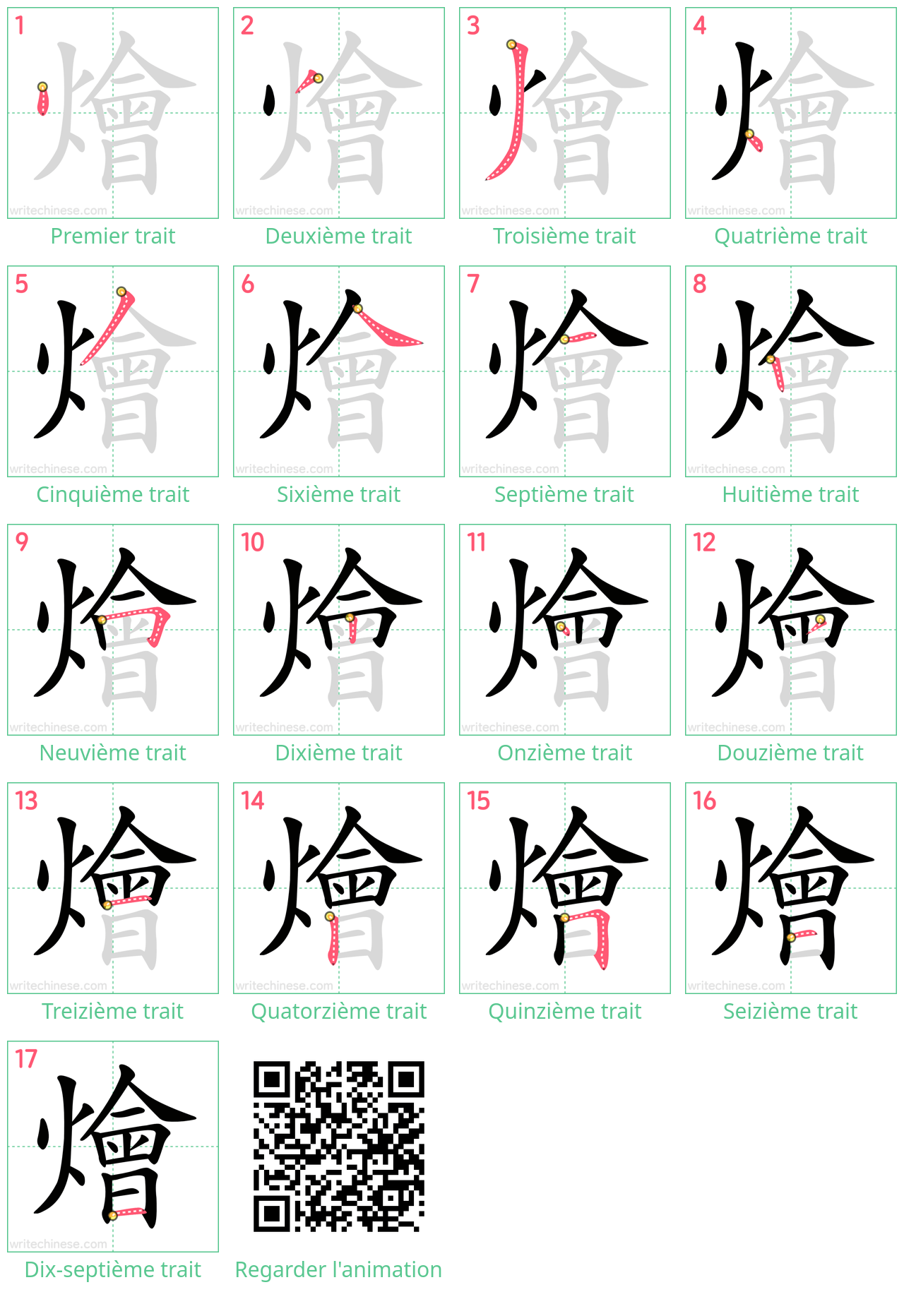 Diagrammes d'ordre des traits étape par étape pour le caractère 燴