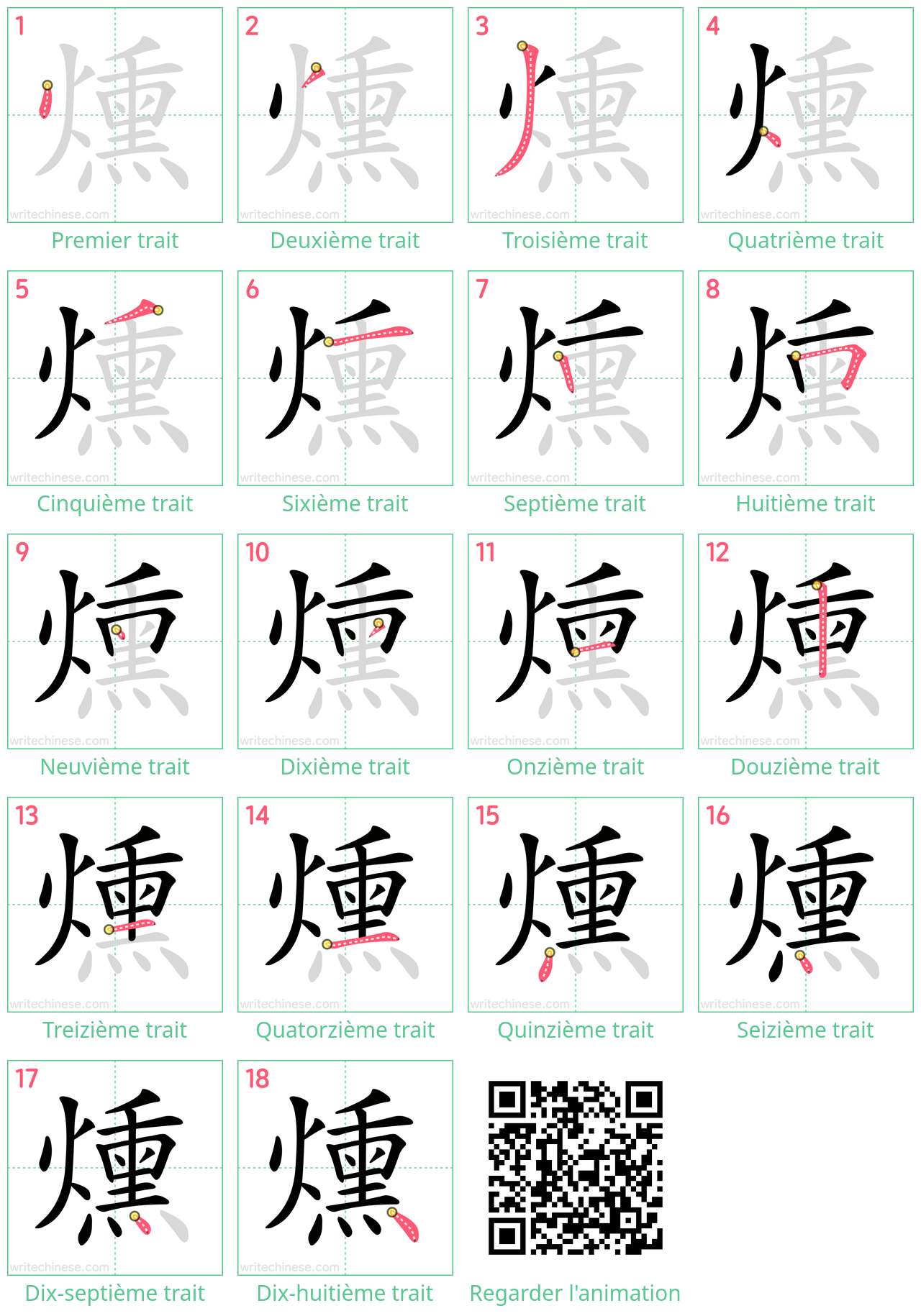 Diagrammes d'ordre des traits étape par étape pour le caractère 燻