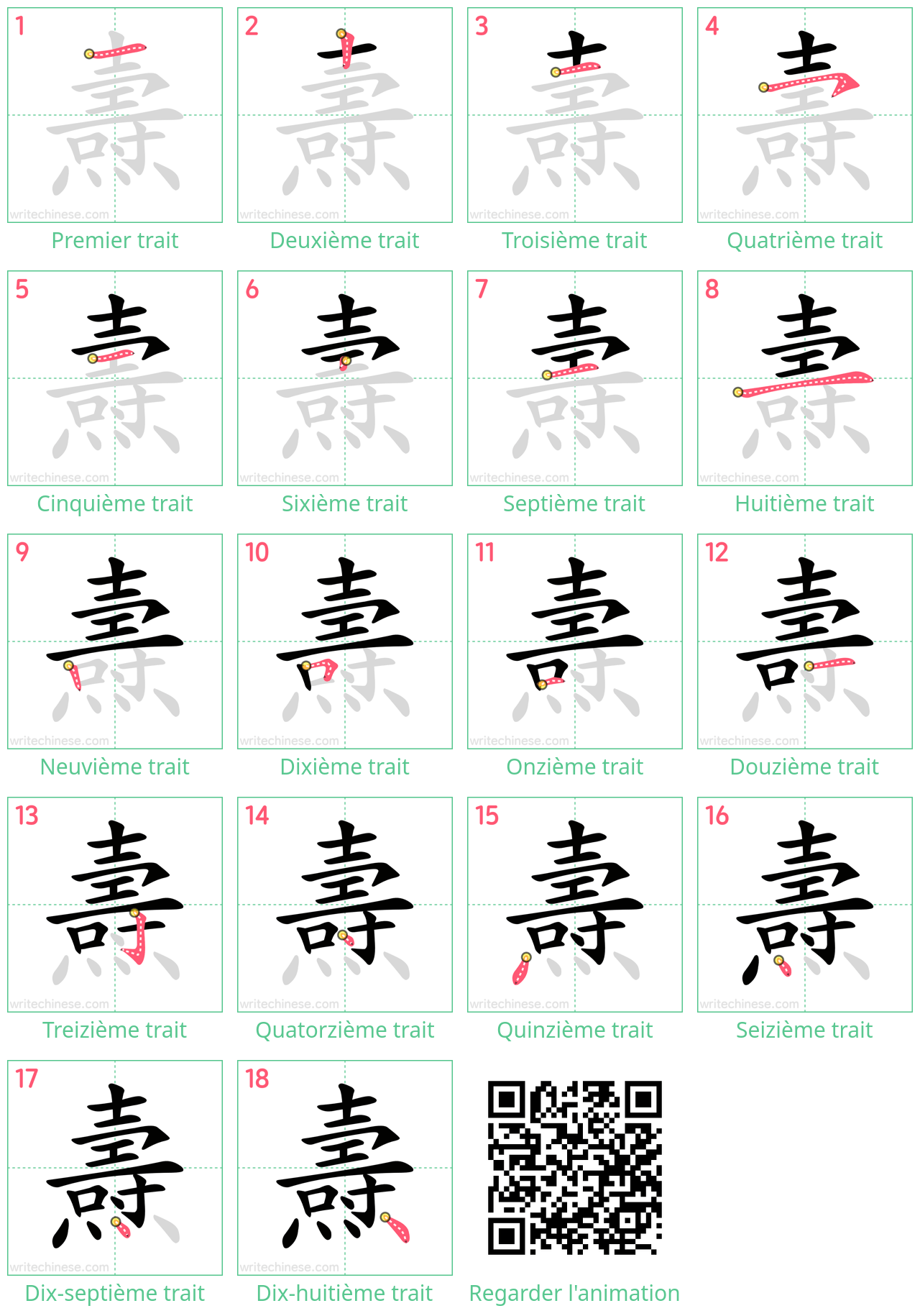 Diagrammes d'ordre des traits étape par étape pour le caractère 燾