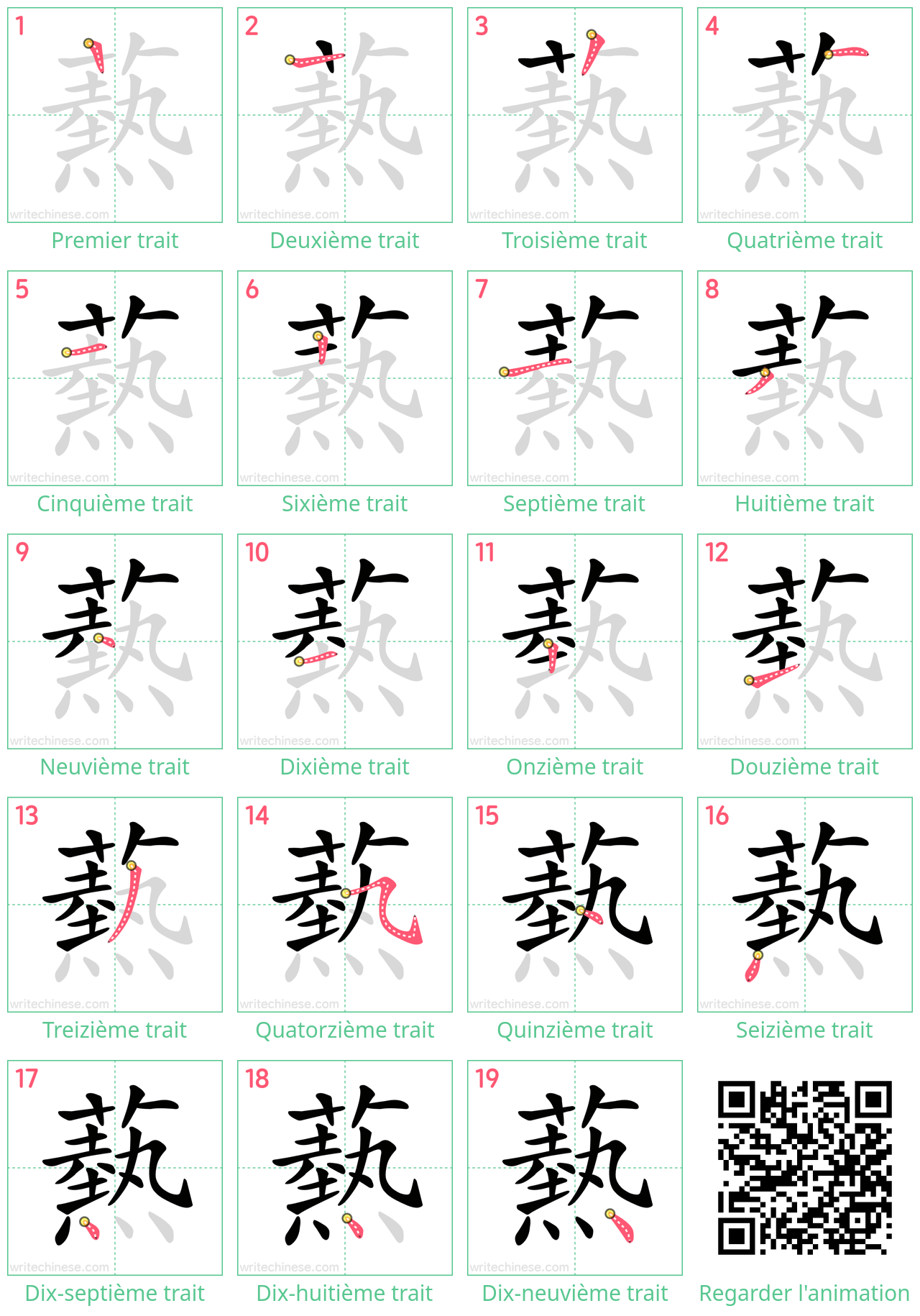 Diagrammes d'ordre des traits étape par étape pour le caractère 爇