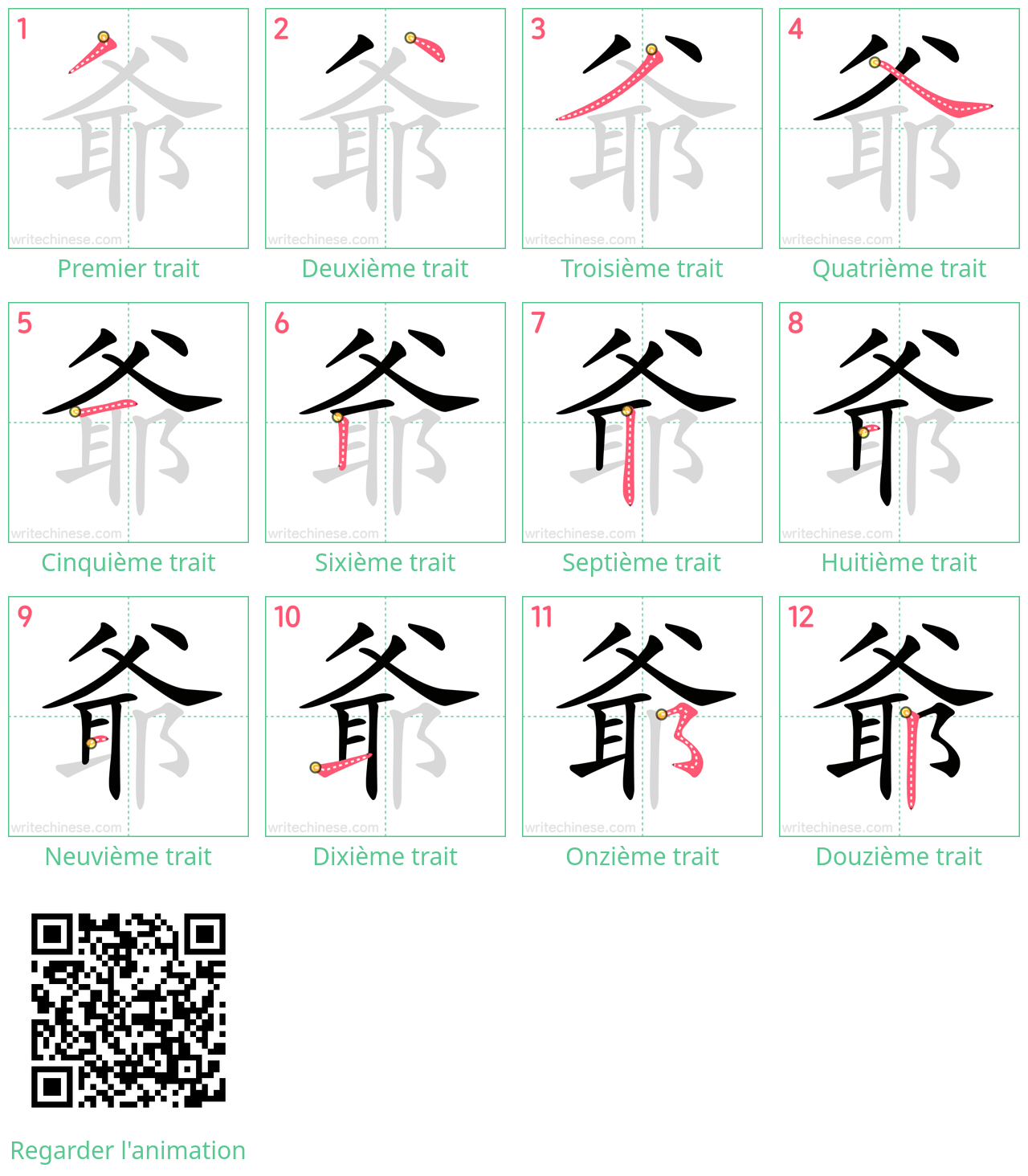 Diagrammes d'ordre des traits étape par étape pour le caractère 爺