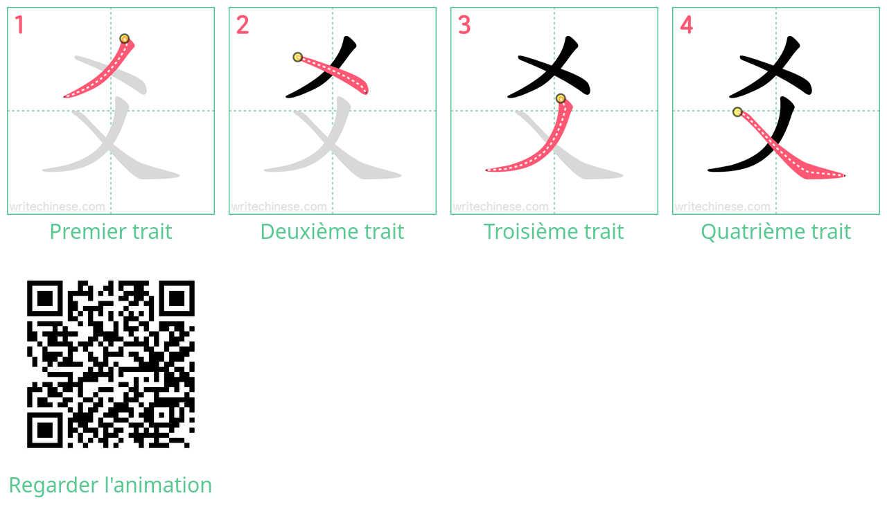 Diagrammes d'ordre des traits étape par étape pour le caractère 爻