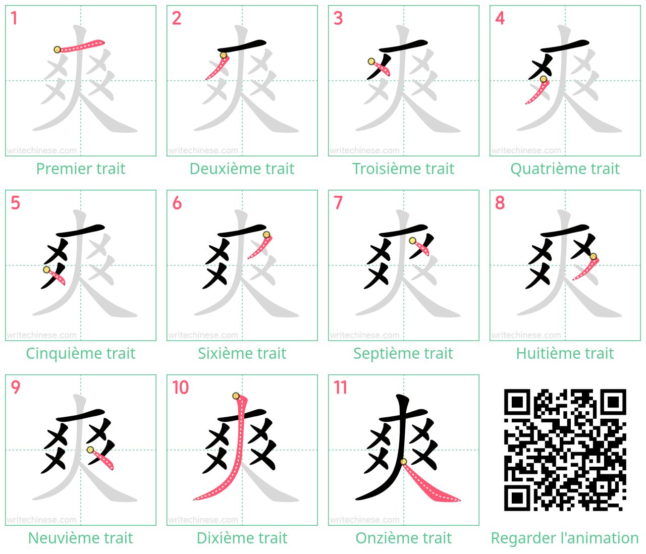 Diagrammes d'ordre des traits étape par étape pour le caractère 爽