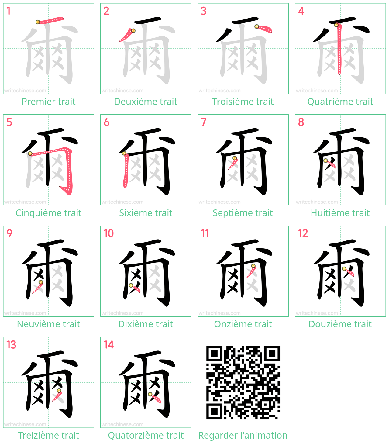 Diagrammes d'ordre des traits étape par étape pour le caractère 爾