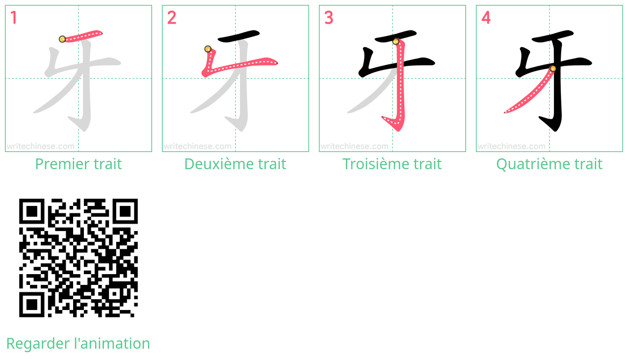 Diagrammes d'ordre des traits étape par étape pour le caractère 牙