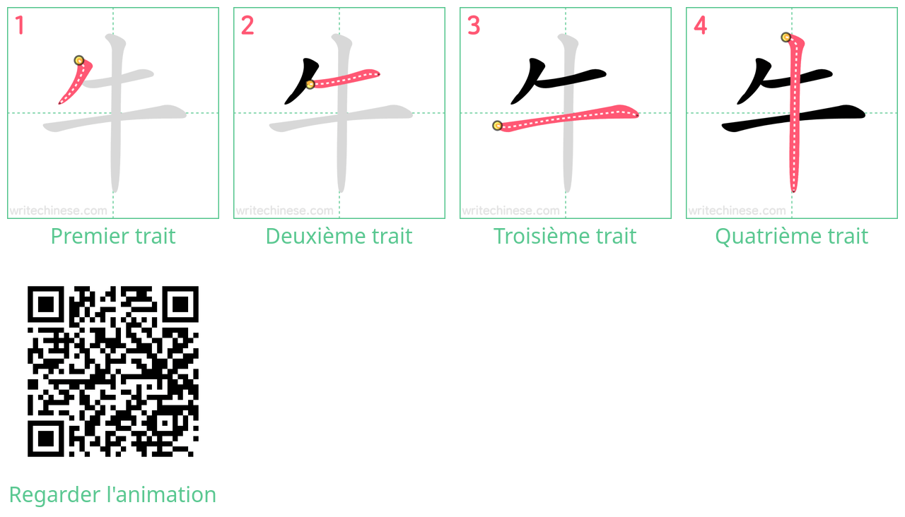 Diagrammes d'ordre des traits étape par étape pour le caractère 牛