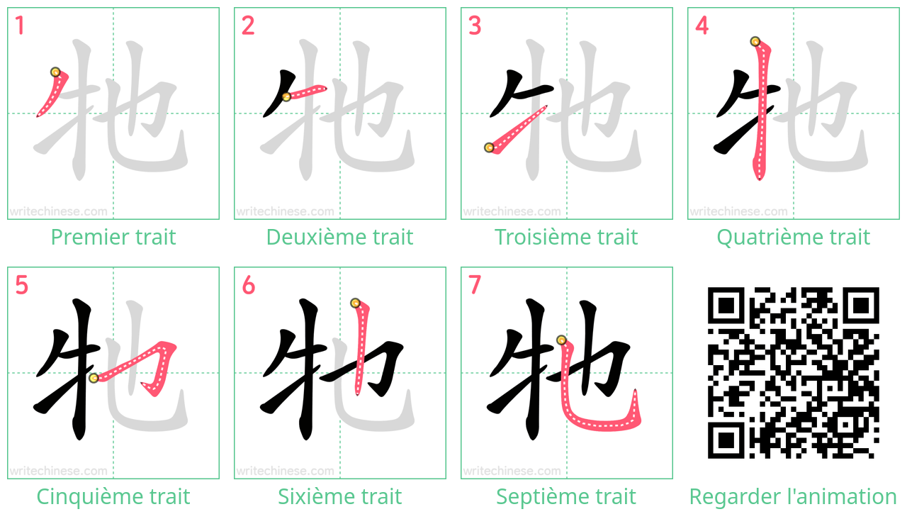 Diagrammes d'ordre des traits étape par étape pour le caractère 牠
