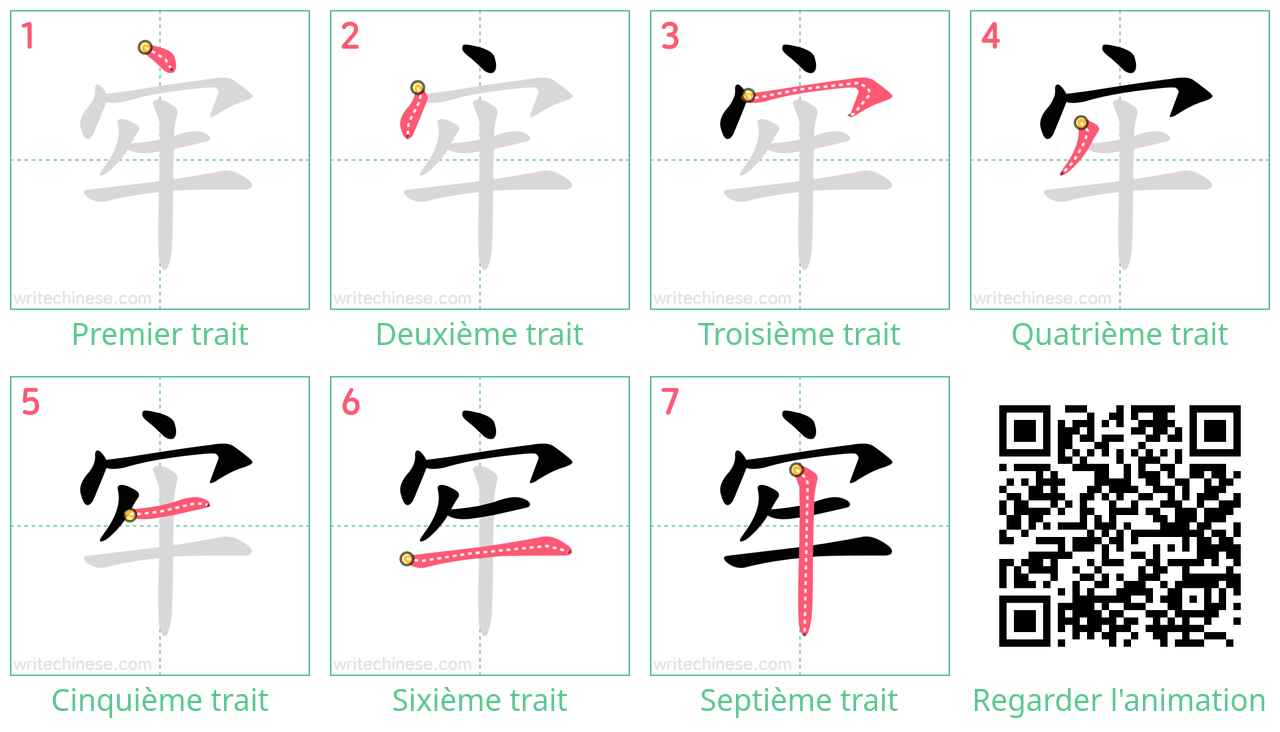 Diagrammes d'ordre des traits étape par étape pour le caractère 牢