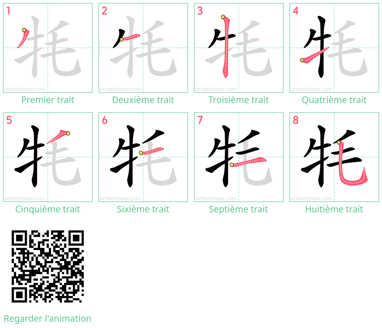 Diagrammes d'ordre des traits étape par étape pour le caractère 牦