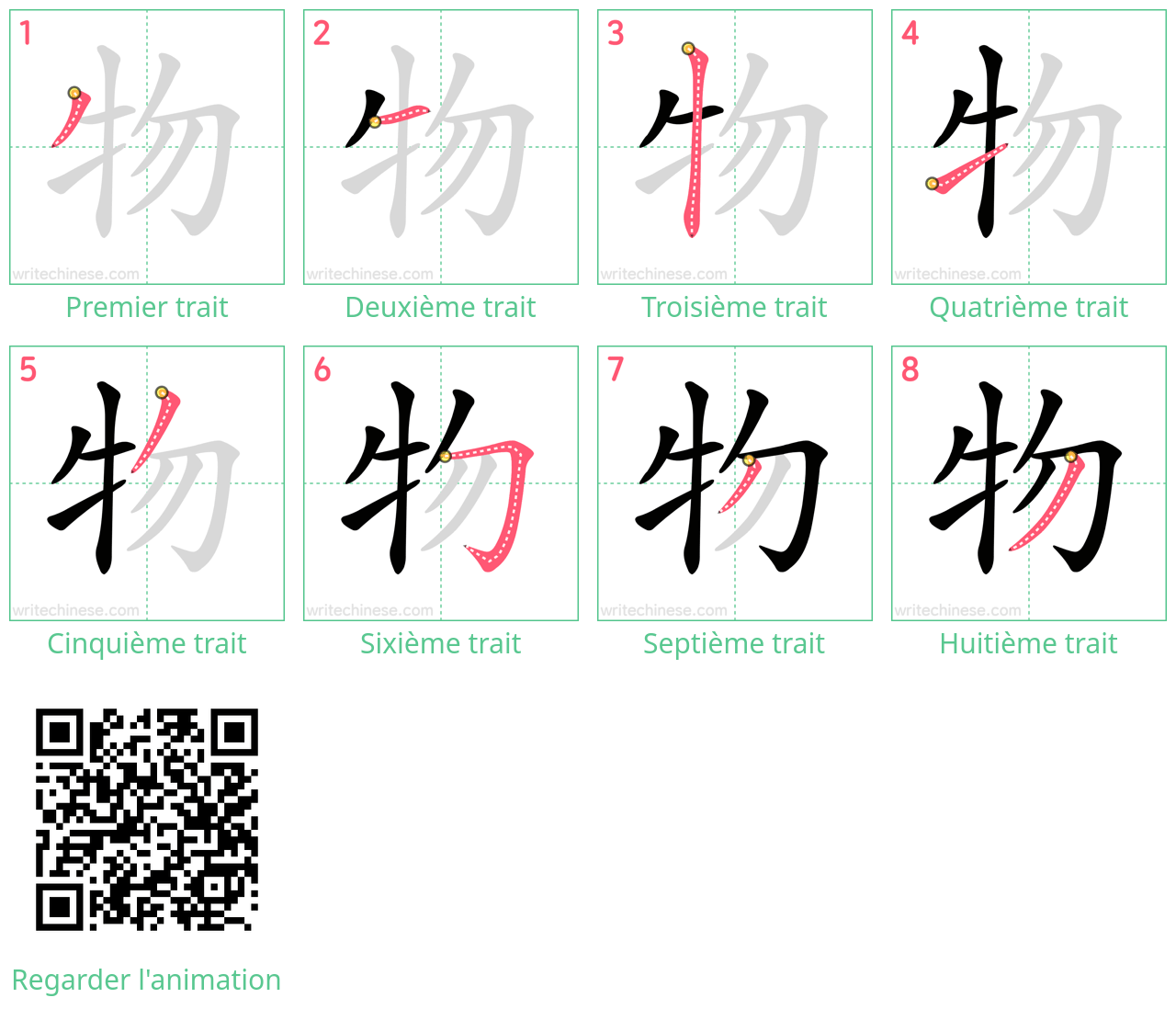 Diagrammes d'ordre des traits étape par étape pour le caractère 物