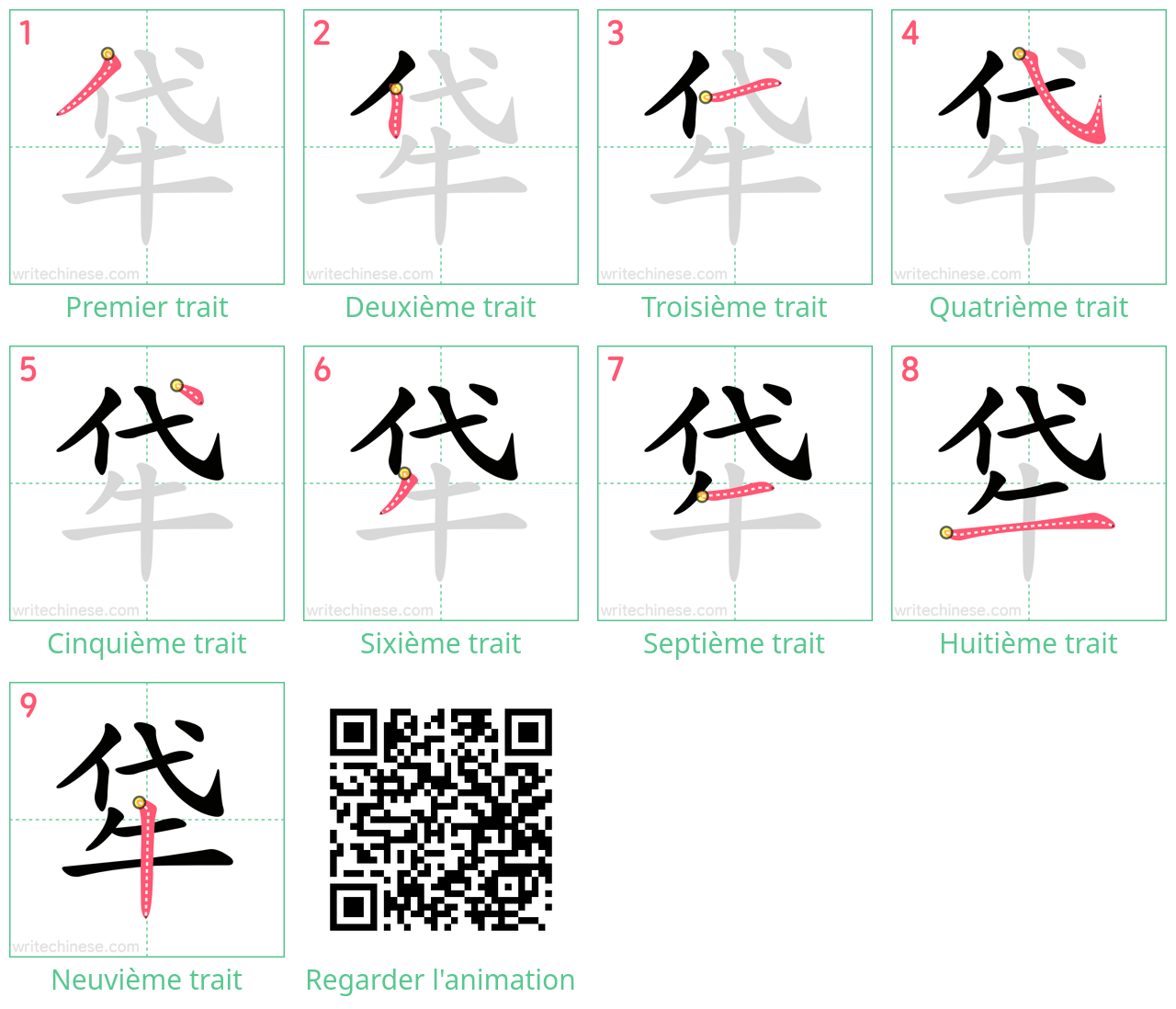 Diagrammes d'ordre des traits étape par étape pour le caractère 牮