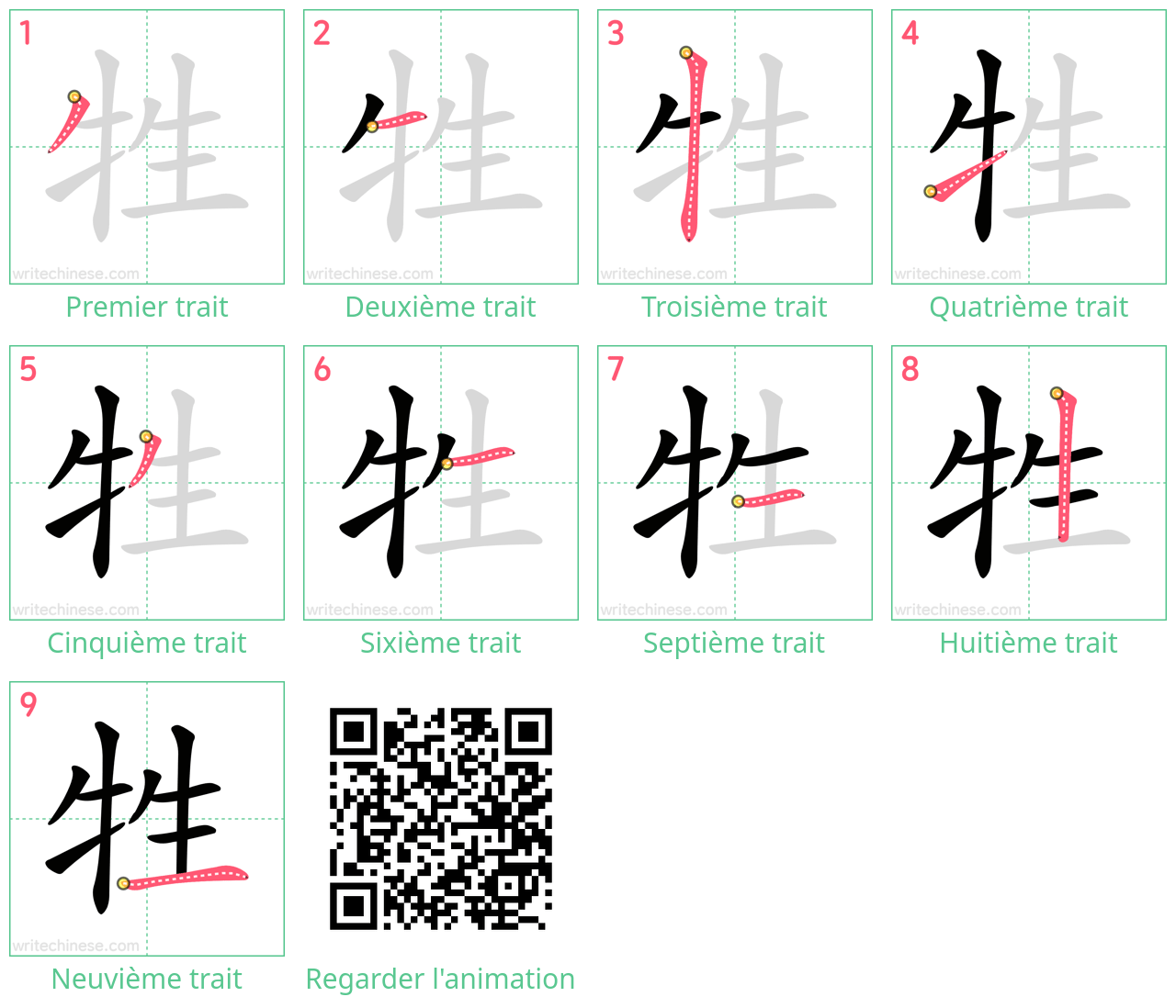 Diagrammes d'ordre des traits étape par étape pour le caractère 牲