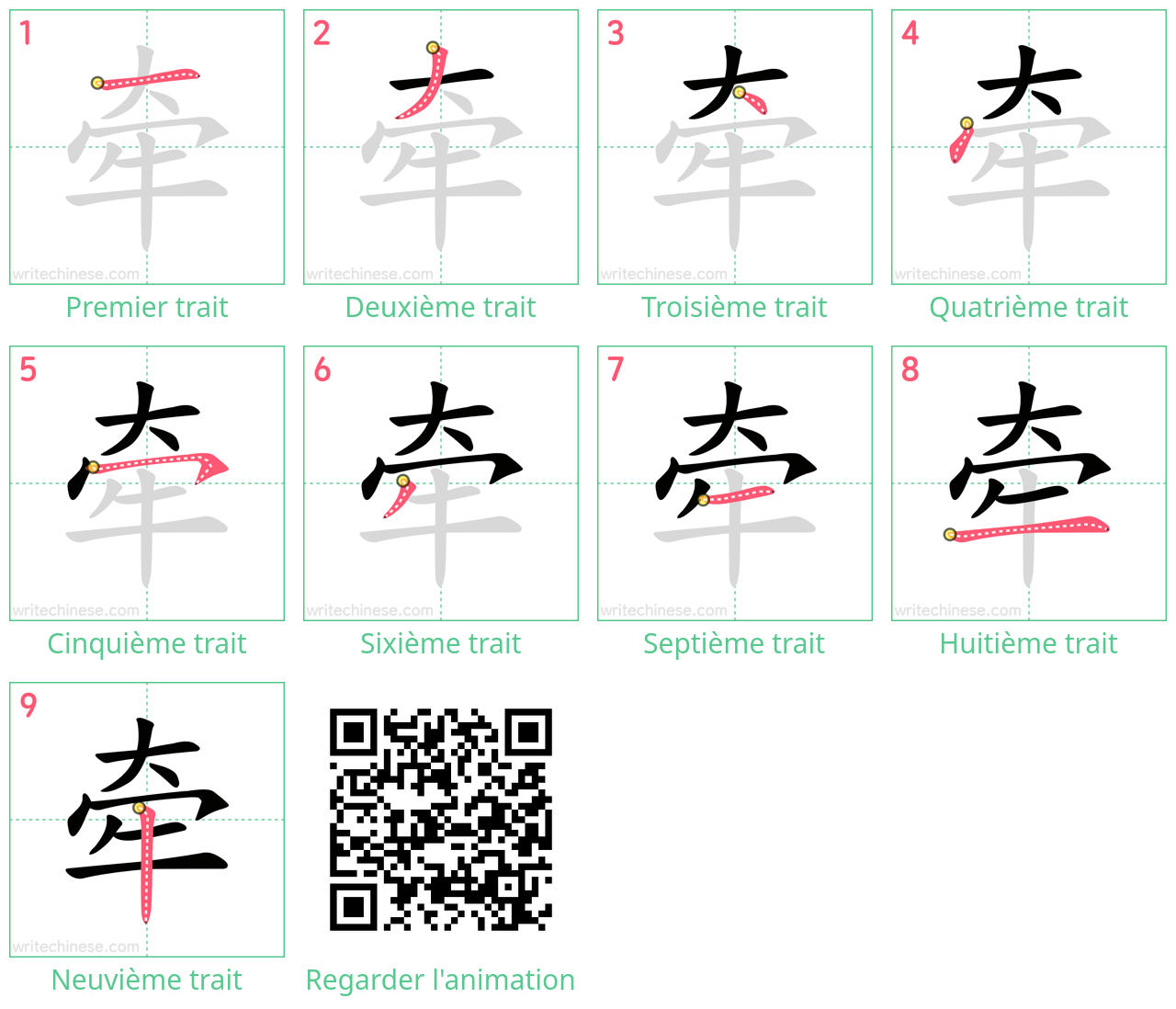 Diagrammes d'ordre des traits étape par étape pour le caractère 牵