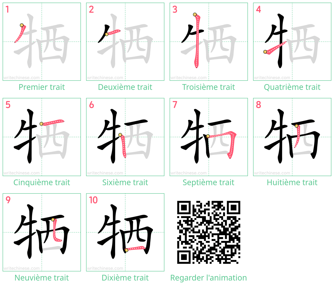 Diagrammes d'ordre des traits étape par étape pour le caractère 牺