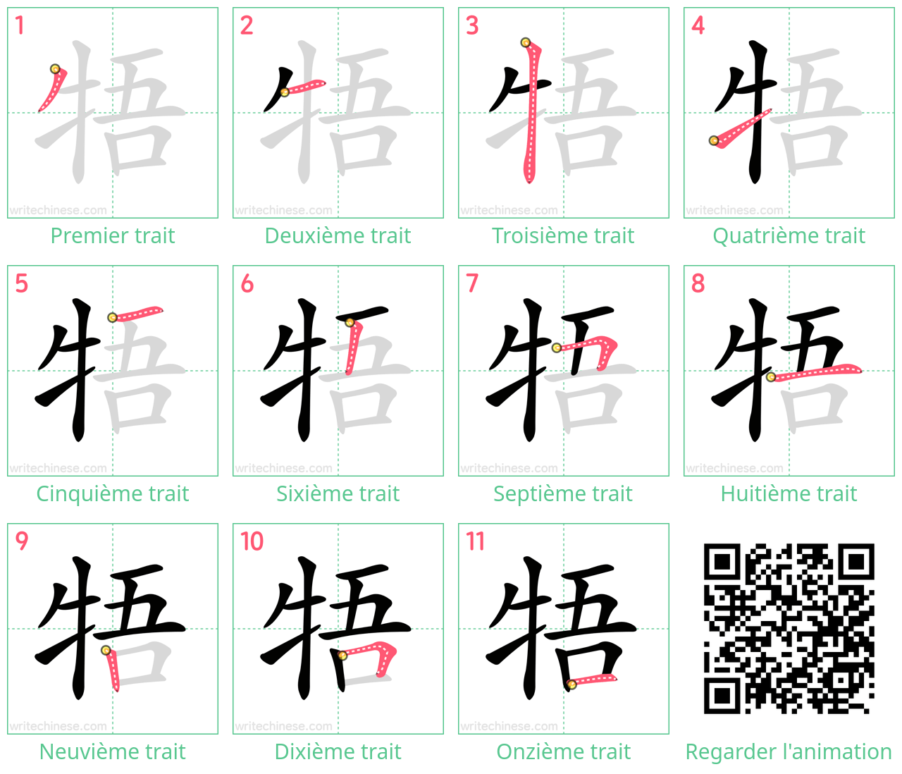 Diagrammes d'ordre des traits étape par étape pour le caractère 牾