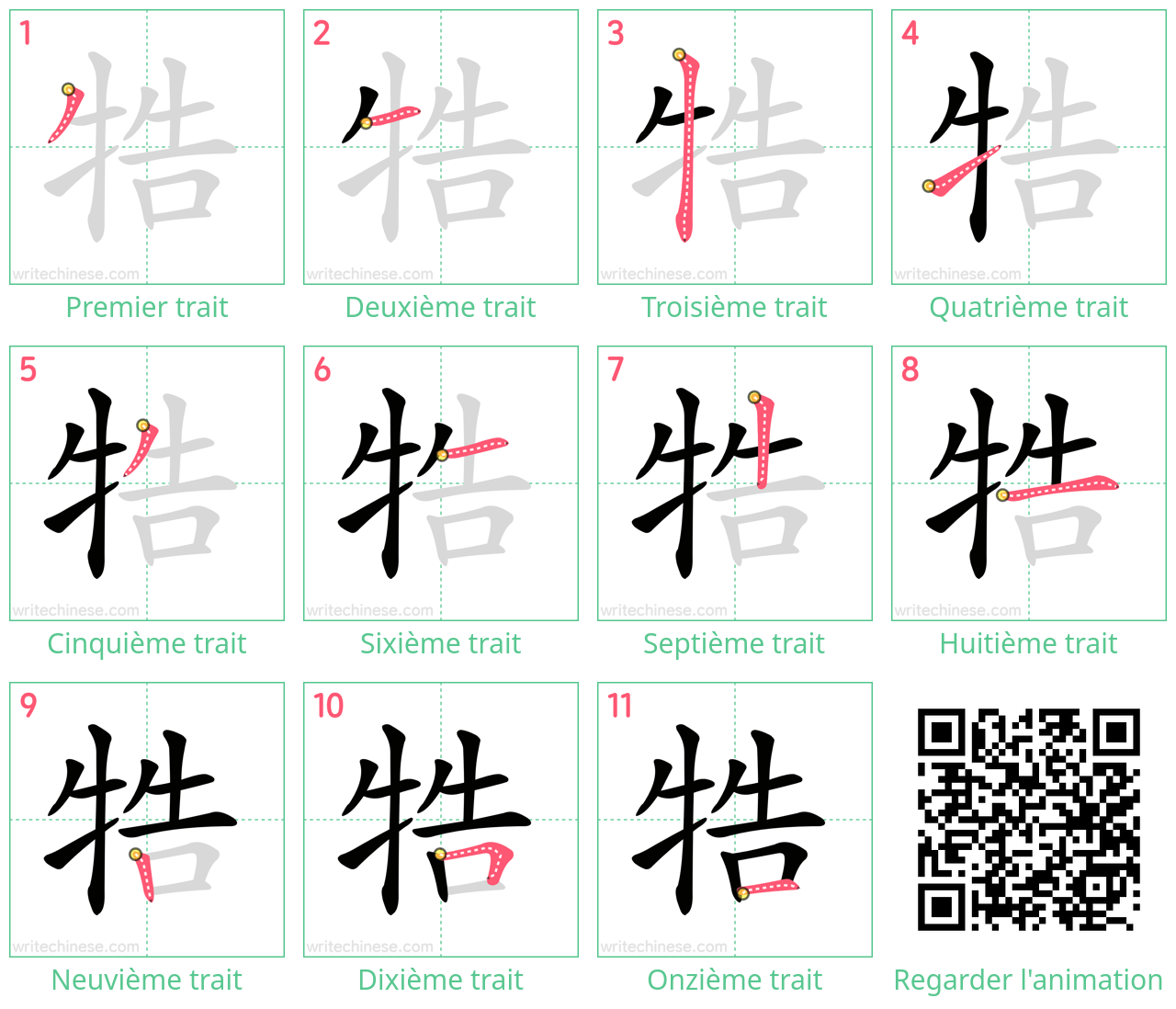 Diagrammes d'ordre des traits étape par étape pour le caractère 牿