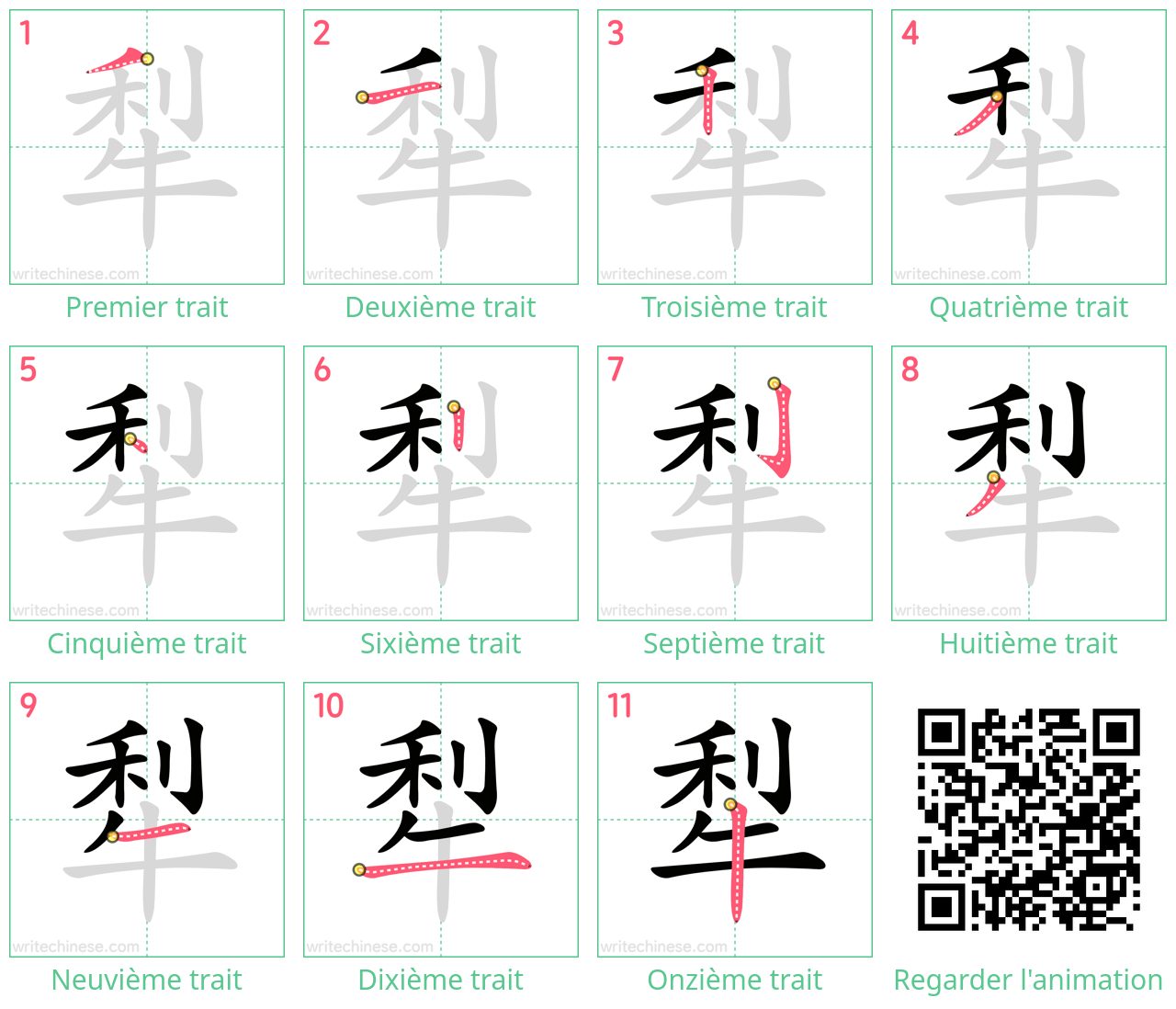 Diagrammes d'ordre des traits étape par étape pour le caractère 犁