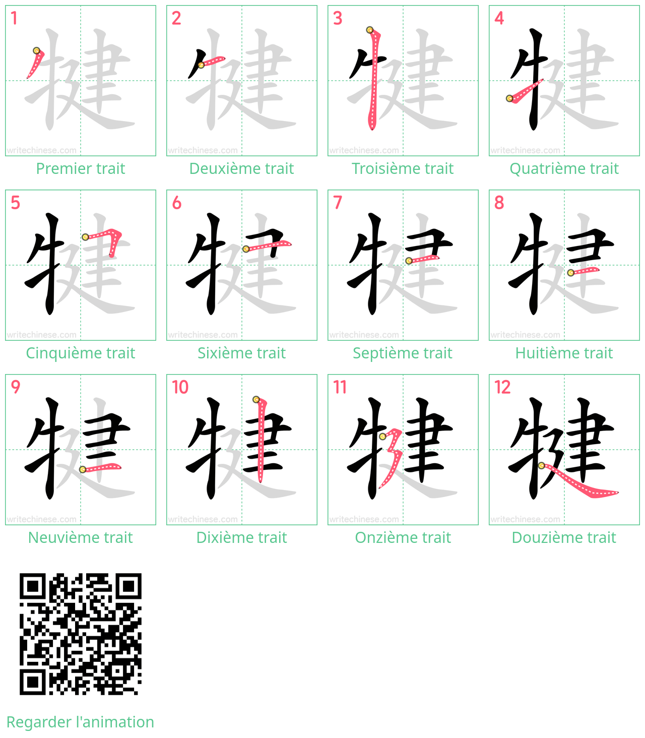 Diagrammes d'ordre des traits étape par étape pour le caractère 犍