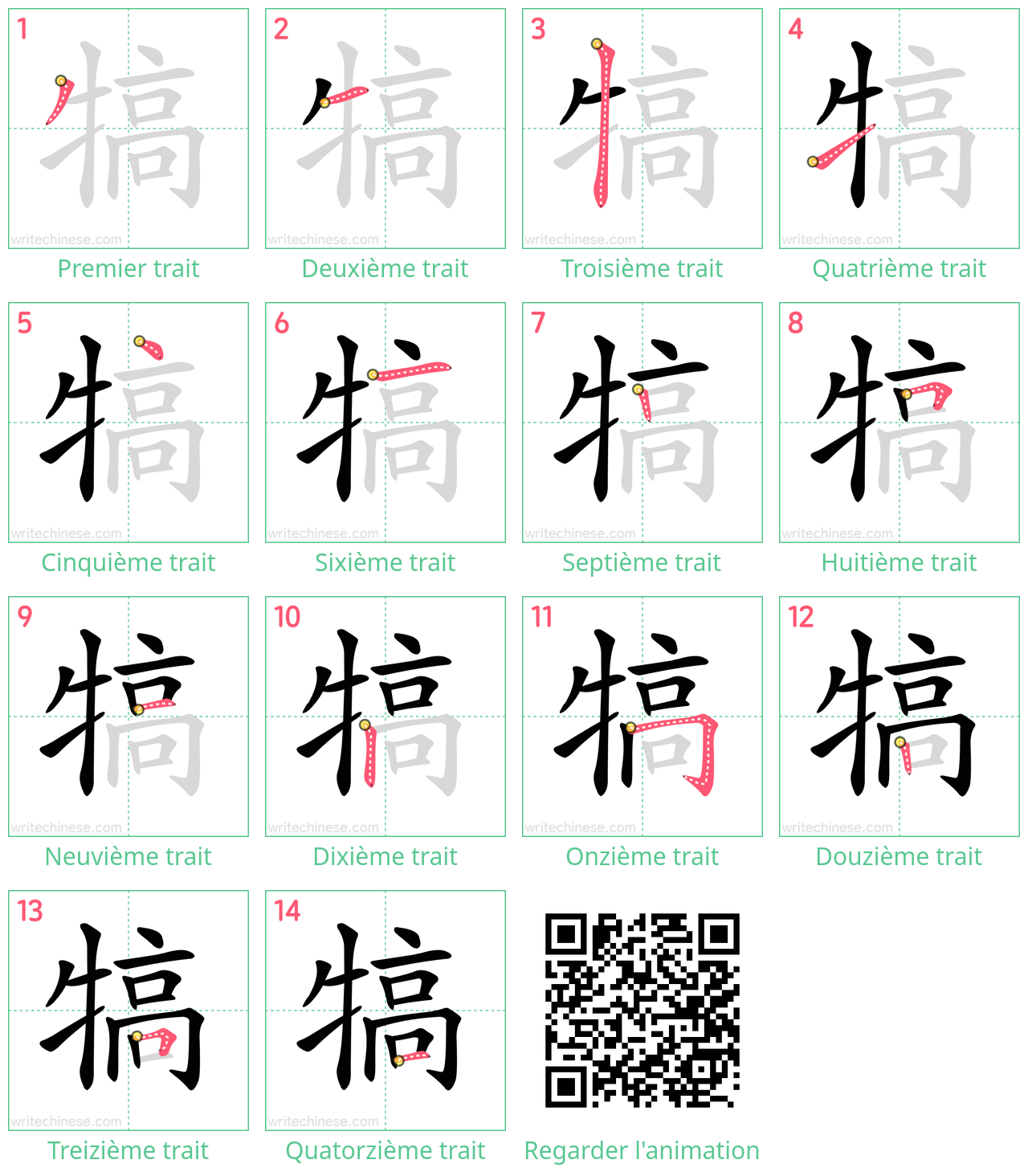 Diagrammes d'ordre des traits étape par étape pour le caractère 犒