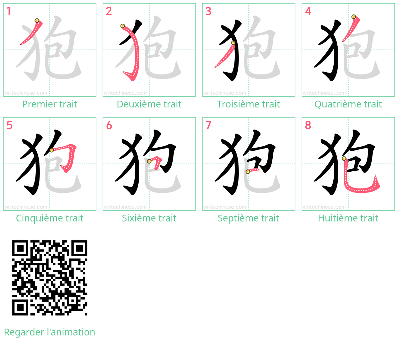 Diagrammes d'ordre des traits étape par étape pour le caractère 狍