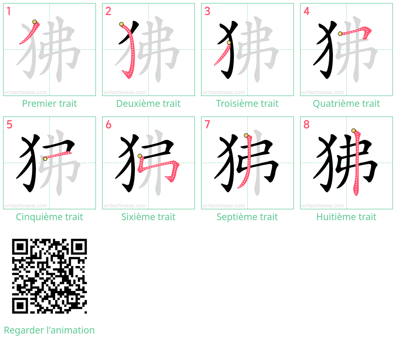 Diagrammes d'ordre des traits étape par étape pour le caractère 狒