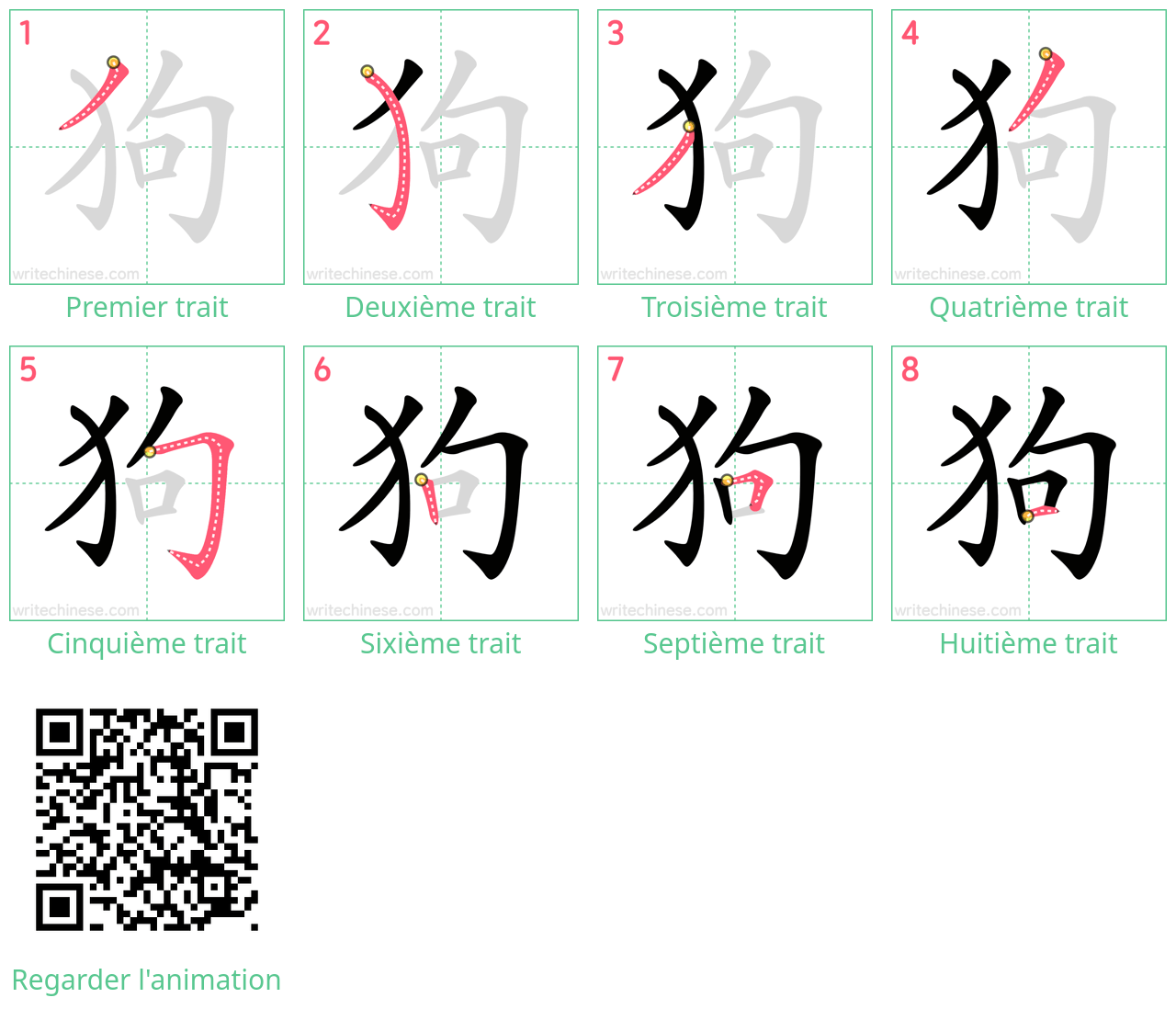 Diagrammes d'ordre des traits étape par étape pour le caractère 狗