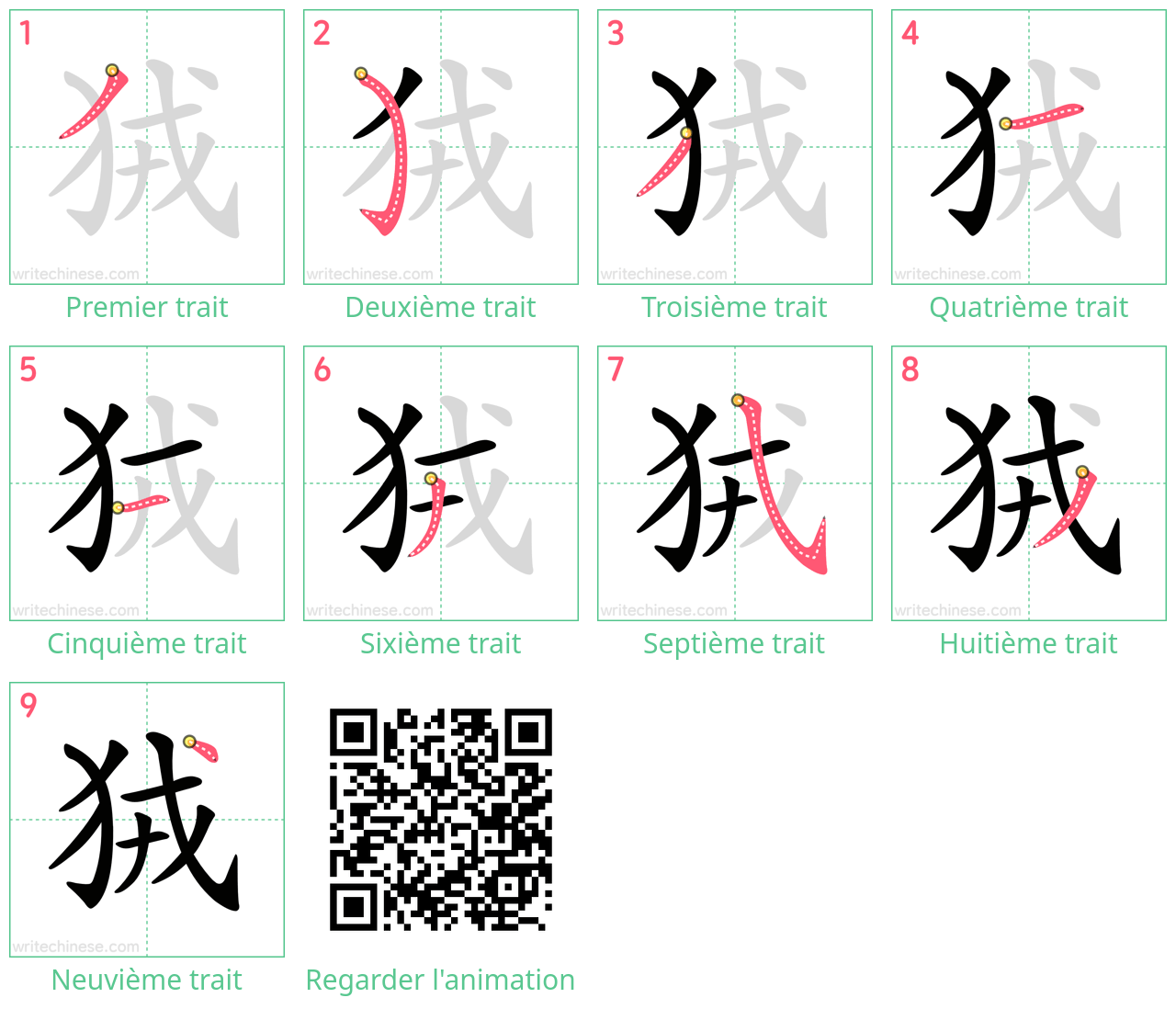 Diagrammes d'ordre des traits étape par étape pour le caractère 狨