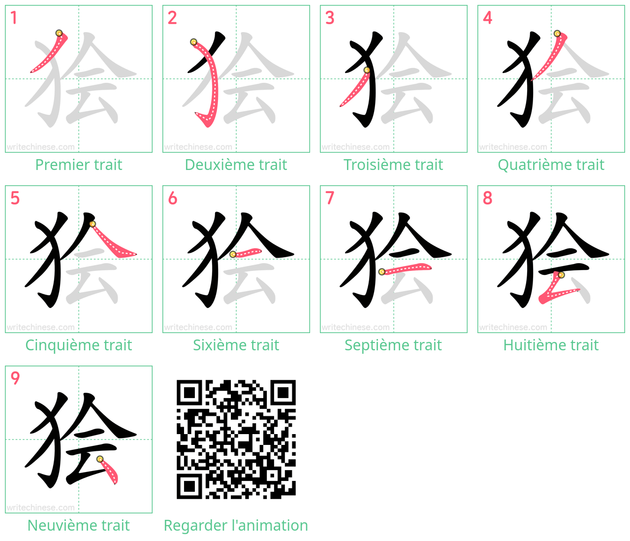 Diagrammes d'ordre des traits étape par étape pour le caractère 狯