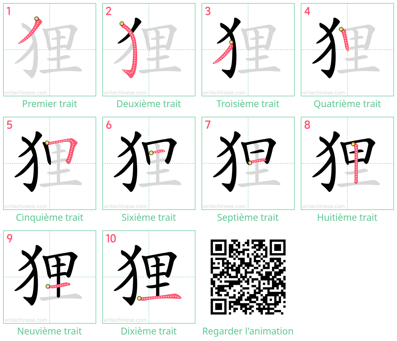 Diagrammes d'ordre des traits étape par étape pour le caractère 狸