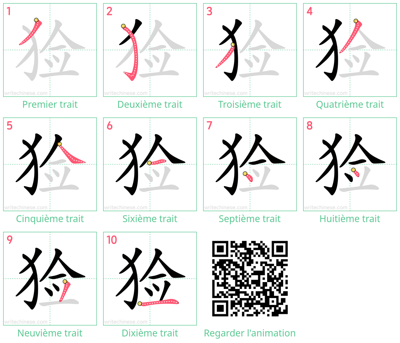 Diagrammes d'ordre des traits étape par étape pour le caractère 猃