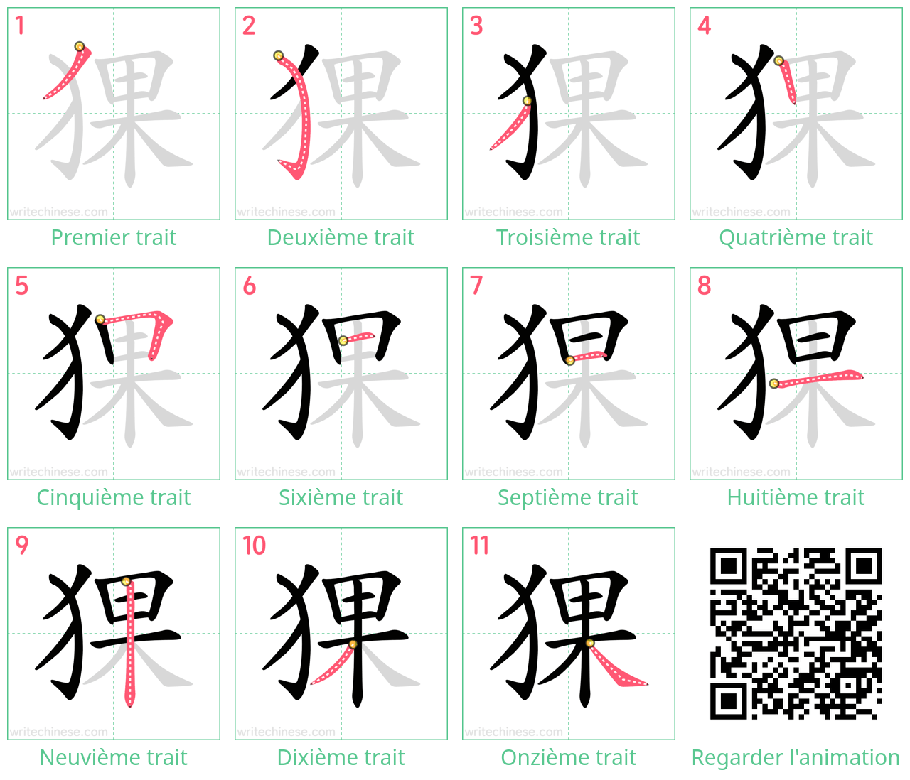 Diagrammes d'ordre des traits étape par étape pour le caractère 猓