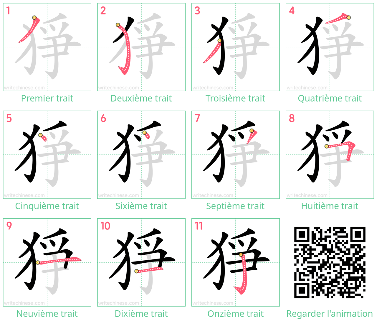 Diagrammes d'ordre des traits étape par étape pour le caractère 猙