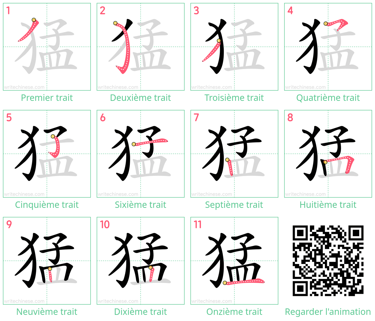 Diagrammes d'ordre des traits étape par étape pour le caractère 猛