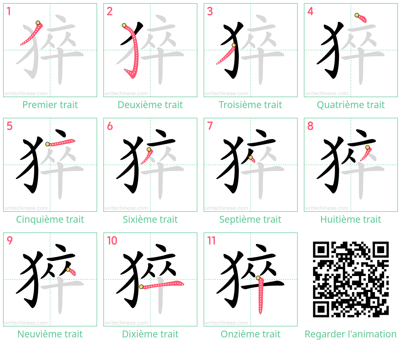 Diagrammes d'ordre des traits étape par étape pour le caractère 猝