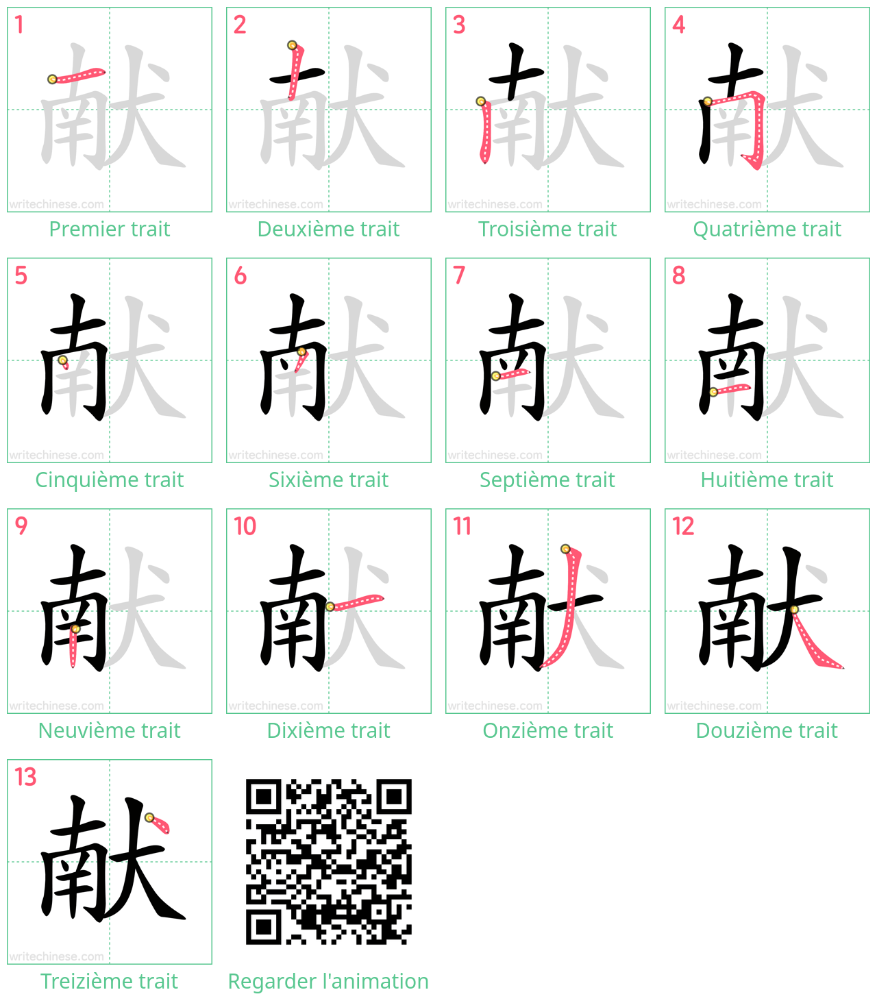 Diagrammes d'ordre des traits étape par étape pour le caractère 献