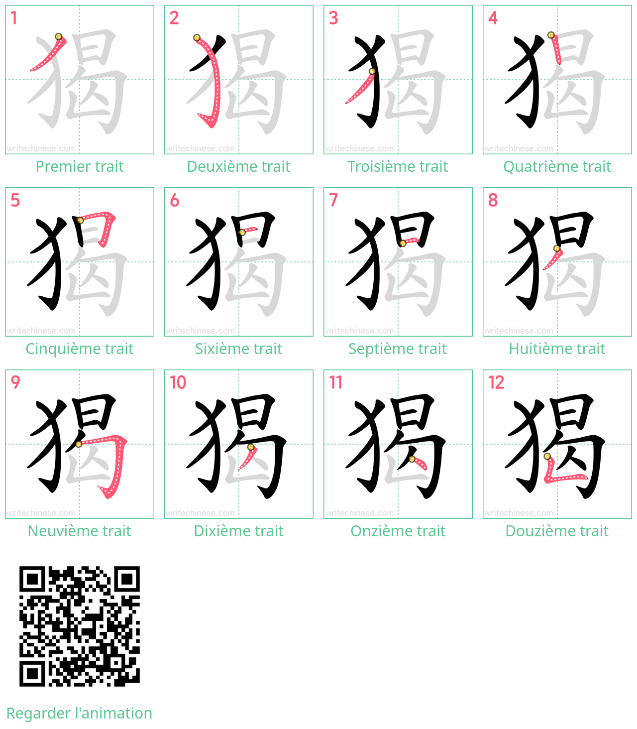 Diagrammes d'ordre des traits étape par étape pour le caractère 猲