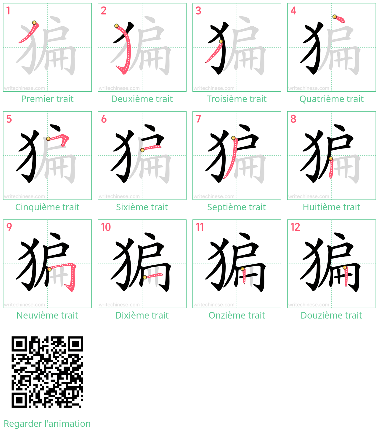 Diagrammes d'ordre des traits étape par étape pour le caractère 猵