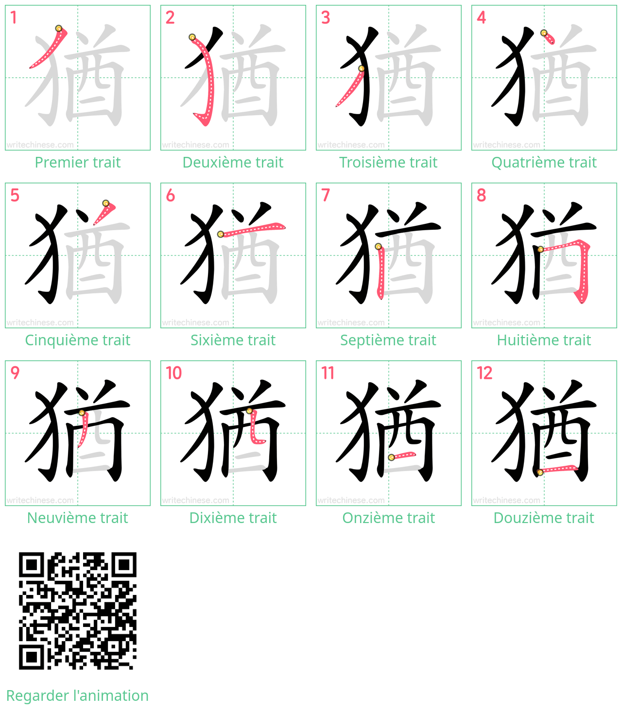 Diagrammes d'ordre des traits étape par étape pour le caractère 猶