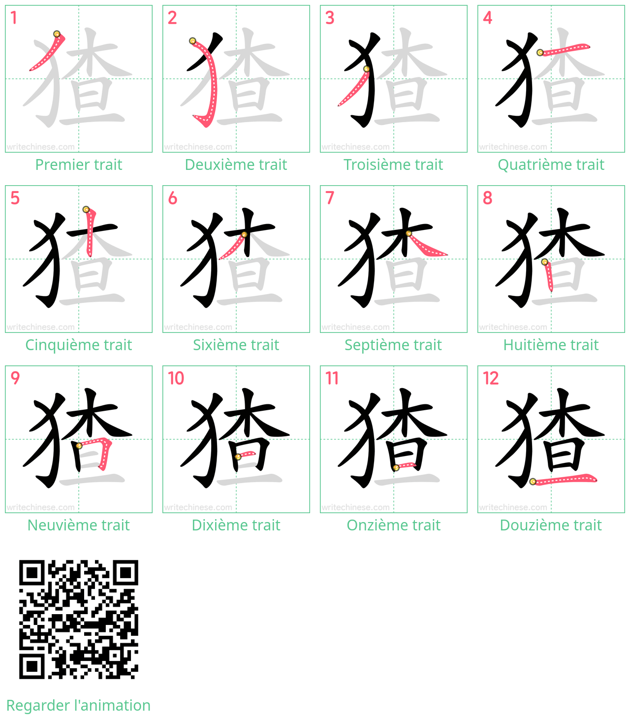 Diagrammes d'ordre des traits étape par étape pour le caractère 猹