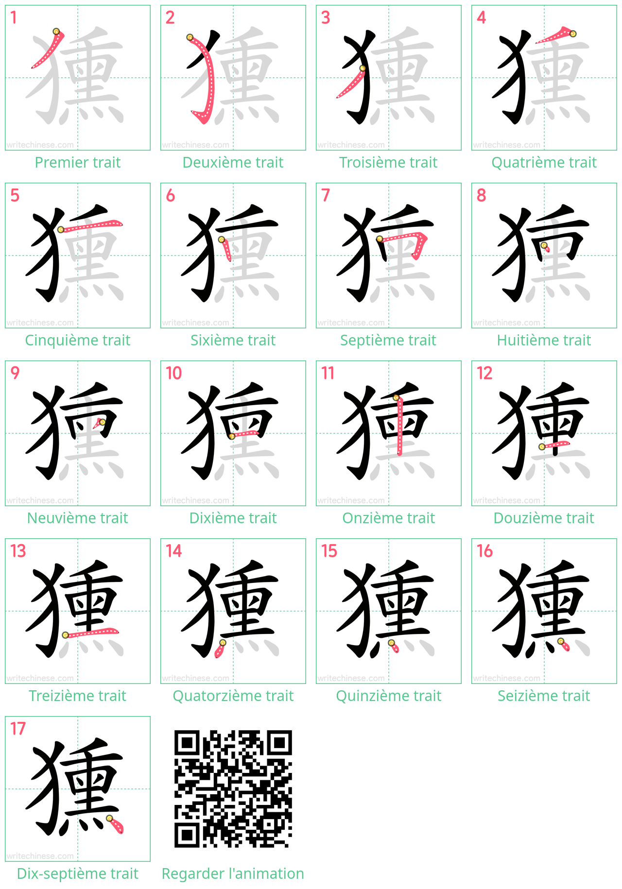 Diagrammes d'ordre des traits étape par étape pour le caractère 獯