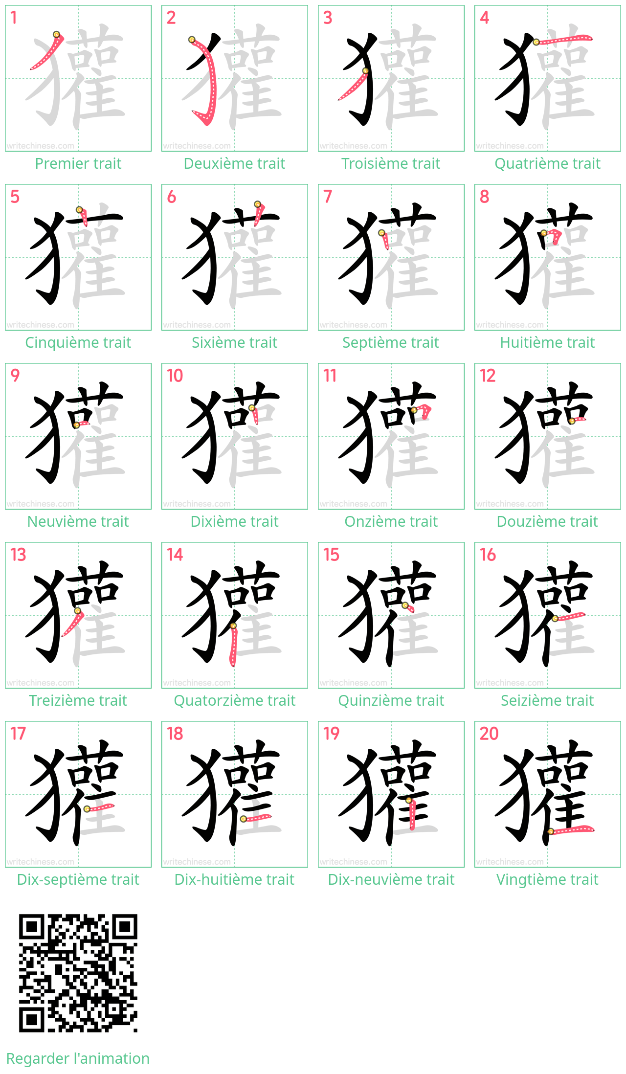 Diagrammes d'ordre des traits étape par étape pour le caractère 獾