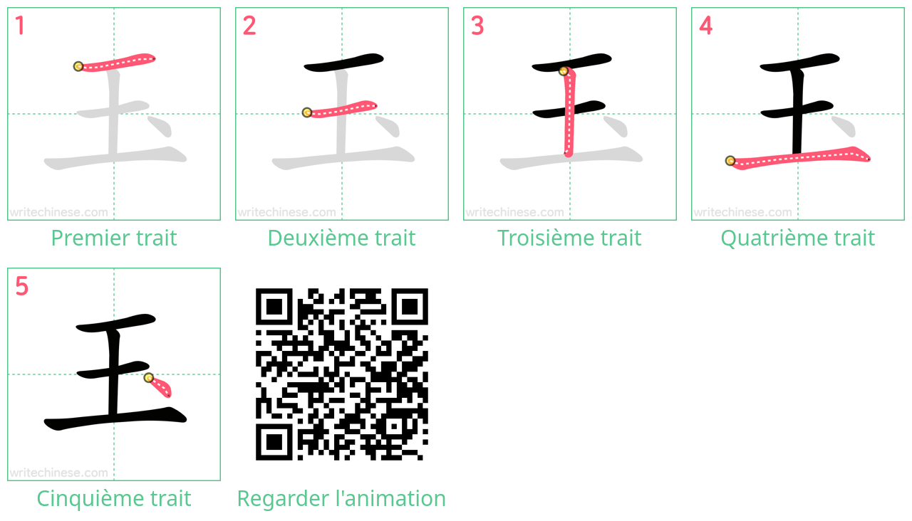 Diagrammes d'ordre des traits étape par étape pour le caractère 玉